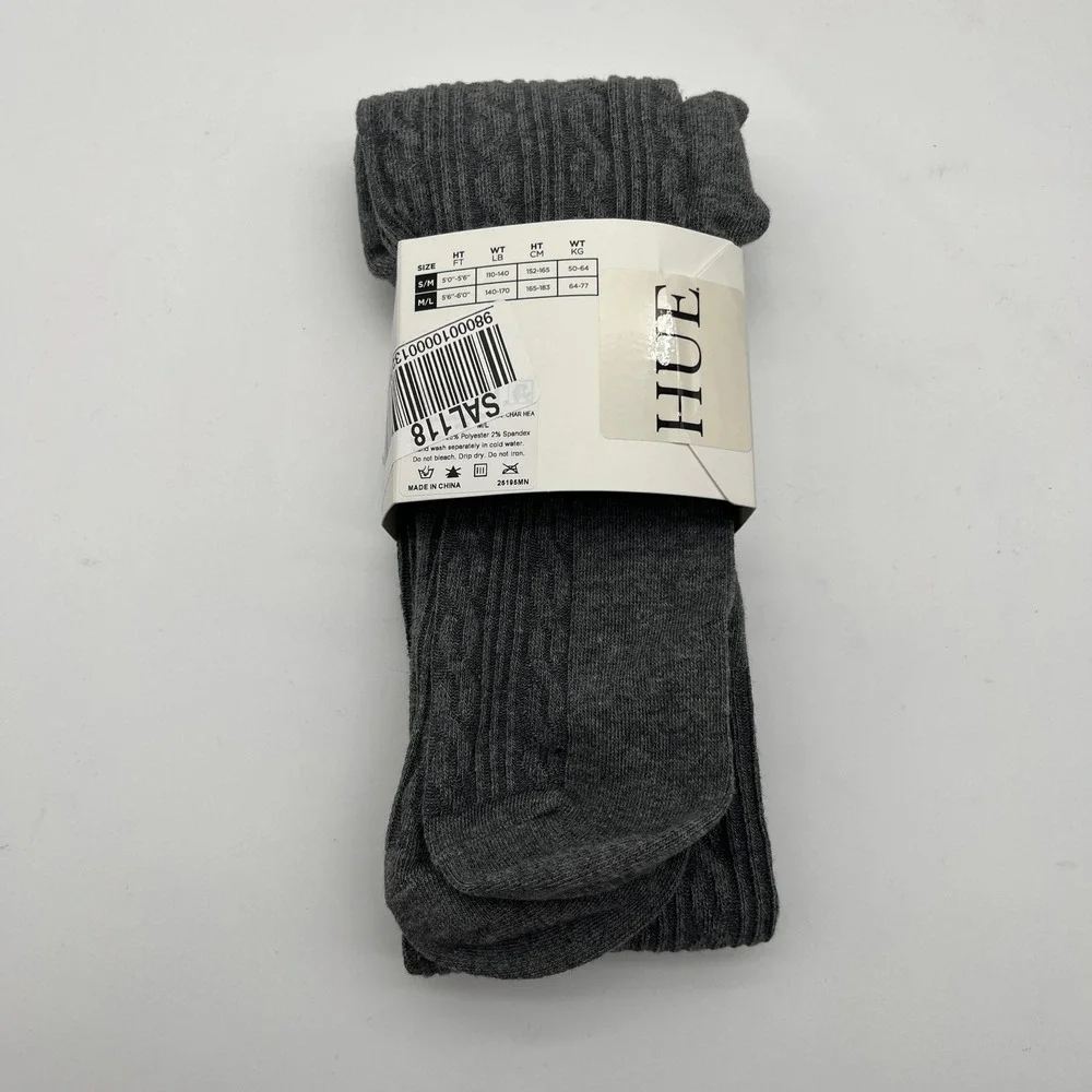 HUE Sweater Tights Womens M/L Charcoal Grey Cable Knit Textured Warm Hosiery